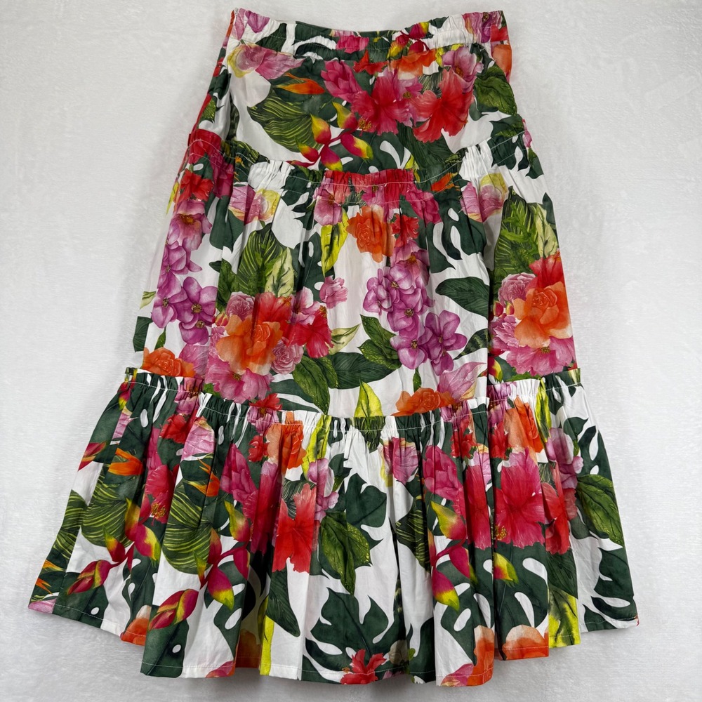 Boston Proper Womens Large Tropical Floral Tiered Maxi Skirt Pink Orange Green - Picture 6 of 7